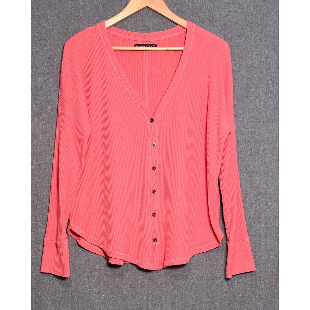 Abercrombie & Fitch Waffle Knit Cardigan Coral Pink V-Neck Button Front Small